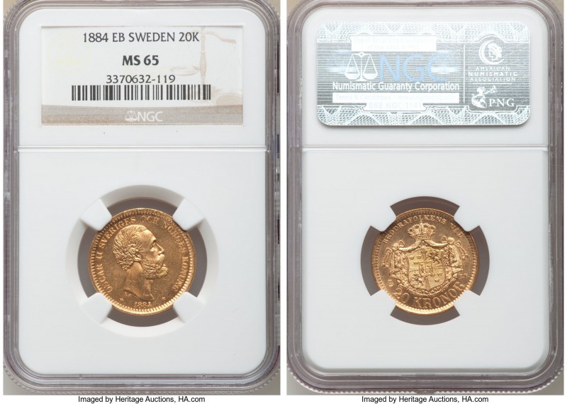 Oscar II gold 20 Kronor 1884-EB MS65 NGC, KM748. Graced with ample luster and tr...