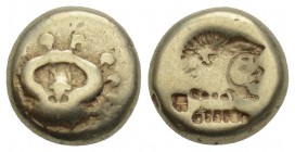 Greek
LESBOS. Mytilene. Ca. 521-478 BC. EL hecte 2.4gr 10.4mm
Archaic gorgoneion facing, tongue protruding / Head of Heracles to right, bearded and ...