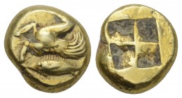 Greek 
Mysia, Kyzikos EL Hekte - 1/6 Stater. Circa 500-450 BC. 2.7gr 10.5mm
Forepart of Pegasos left on tunny left / Quadripartite incuse square. Cf. ...