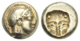 Greek 
Lesbos, Mytilene EL Hekte. Circa 478-455 BC. 2.5gr 10.3mm
Head of Athena wearing crested Attic helmet to right / Incuse lion's head facing. Bod...