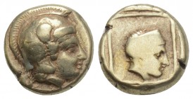 Greek 
LESBOS. Mytilene. Circa 412-378 BC. Hekte 2.51gr 19.8mm
 Head of Athena to right, wearing crested Attic helmet. Rev. Head of Artemis-Kybele to ...