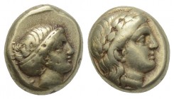 Greek 
LESBOS, Mytilene. Circa 377-326 BC. EL Hekte 2.53gr. 10.3mm
 Laureate head of Apollo right; coiled serpent behind neck / Head of Artemis right,...
