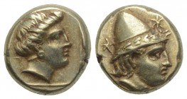 Greek
LESBOS, Mytilene. Circa 377-326 BC. EL Hekte. 2.54gr. 10.7mm
Head of Kabeiros right, wearing wreathed cap; two stars flanking / Head of Persepho...