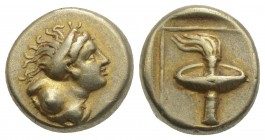 Greek
LESBOS. Mytilene. Circa 377-326 BC. Hekte 2.52gr. 11.8mm
 Half length bust of a Maenad, hair in sphendone, to right. Rev. Race torch within line...