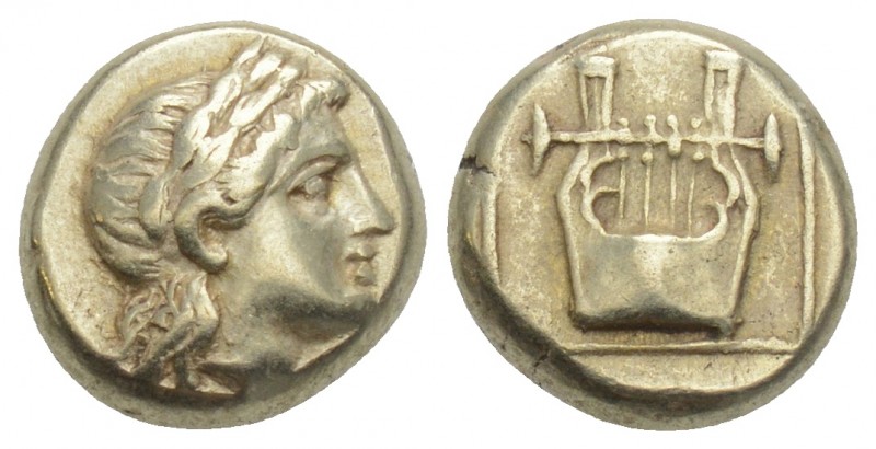 Greek
 Lesbos, Mytilene EL Hekte. Circa 377-326 BC. 2.52gr. 10.4mm
 Laureate hea...