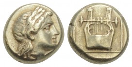 Greek
 Lesbos, Mytilene EL Hekte. Circa 377-326 BC. 2.52gr. 10.4mm
 Laureate head of Apollo right / Lyre with four strings within linear square frame....