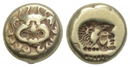Greek LESBOS, Mytilene. Circa 521-478 BC. EL Hekte 2.50gr. 10.4mm
 Gorgoneion / Incuse head of Herakles right, wearing lion skin headdress; small rect...