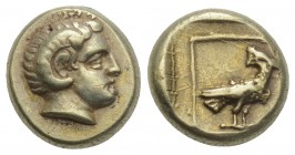 Greek LESBOS, Mytilene. Circa 377-326 BC. EL Hekte 2.51gr. 10.9mm
 Head of Apollo Karneios right, with horn of Ammon / Eagle standing right, head reve...