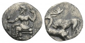 Greek
Mazaios (361-334 BC), Persian Satrap in Cilicia. AR Obol , Tarsos, Cilicia. 0.6gr. 10.5mm
Obv. Ba'al seated left with corn-ear and grape. Rev....