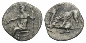 Greek
Mazaios (361-334 BC), Persian Satrap in Cilicia. AR Obol , Tarsos, Cilicia. 0.6gr. 10.7mm
Obv. Ba'al seated left with corn-ear and grape. Rev....