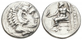 Greek
MACEDONIAN KINGDOM. Alexander III the Great (336-323 BC). AR drachm 4.2gr. 16.9mm
 Head of Heracles right, wearing lion skin headdress, paws tie...