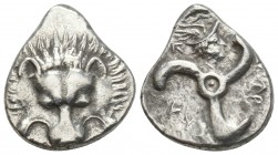 Greek DYNASTS OF LYCIA. Perikles, circa 380-360 BC. 1/3 Stater 3.1gr. 17.6mm
Facing lion's scalp. Triskeles; above, head of Hermes wearing winged Peta...