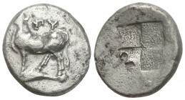 Greek 
THRACE. Byzantium. Ca. 350-300 BC. AR siglos 5.1gr. 18.5mm
 ΠY, bull standing left on dolphin left, right foreleg raised / Quadripartite incuse...