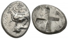 Greek 
THRACE. Byzantium. Ca. 350-300 BC. AR siglos 5.1gr. 18.6mm
 ΠY, bull standing left on dolphin left, right foreleg raised / Quadripartite incuse...