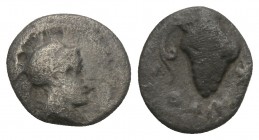 Greek 
CILICIA, Soloi. Circa 410-375 BC. AR Obol 0.5gr. 9.3mm
Helmeted head of Athena right. Rev:Grape bunch with tendril; SNG von Aulock 5872