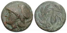 Greek 
Aiolis, Elaia Æ 21mm. 2nd-1st century BC. 3.2gr. 16.2mm
Helmeted head of Athena to left / Barley-grain, E-Λ across fields; all within laurel wr...