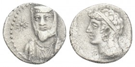 Greek
CILICIA, Uncertain. 4th century BC. AR Obol 0.7gr 11.1mm
 Draped bust facing slightly left, wearing kyrbasia; star to left / Draped bust of fema...