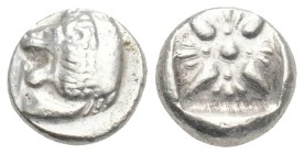 Greek
IONIA, Miletos. Late 6th-early 5th century BC. AR Diobol 1.1gr 9mm
Forepart of lion right, head reverted / Stellate design within incuse square ...