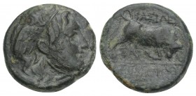Greek
Seleucid Kingdom, Seleukos I 312-281 BC, AE Sardes mint. 2.9gr 15mm
Obv: Winged head of Medusa right Rev: Bull butting right SC 6.2.