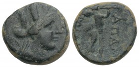 Greek
Phrygia, Apameia. 113-48 B.C. AE 5.3gr 17.4mm
Turreted head of Tyche right, ethnic to right and left of naked Marsyas, advancing right playing...