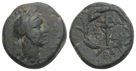 Greek
EOLIS, Elaia. 2nd-1st century BC. Bronze 3.5gr 15.8mm
Head of Demeter to right, wearing wreath of grain ears. Rev. Ε-ΛΑ/ΙΤ-ΩΝ Torch; all withi...