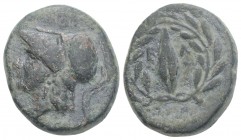 Greek
AEOLIS. Elaia. Ae (Circa 340-300 BC). 6.3gr 19.4mm
Obv: Helmeted head of Athena left.
Rev: E?A. Wreath.