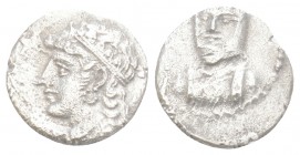 Greek
CILICIA, Uncertain. 4th century BC. AR Obol 0.7gr 10.7mm
Draped bust, wearing satrapal headdress, facing slightly left; star to left / Crowned a...