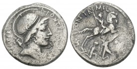 Roman Republican Coins
P. Fonteius P.f. Capito . Denarius, AR 3gr 18mm
P·FONTEIVS·P·F – CAPITO·III·VIR Helmeted and draped bust of Mars r., with troph...