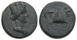 CAPPADOCIA. Caesarea. Pseudo-autonomous. Time of Trajan (98-117). 3.7gr 14.8mm
Ae. Obv: Turreted head of Tyche right. Rev: ЄT Γ. Pyramid. Sydenham, Ca...