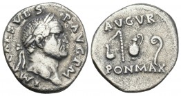 Roman Imperial 
Vespasian AR Denarius. Rome, AD 71. 2.7gr. 18.7mm
IMP CAES VESP AVG P M, laureate head right / AVGVR PON MAX, emblems of the augurate ...