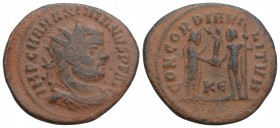 Roman Imperial 
Maximian Æ Radiate. Cyzicus, AD 295-299. 3.3gr 22.9mm
IMP C M A MAXIMIANVS P F AVG, radiate, draped, cuirassed bust to right / CONCORD...