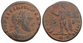 Roman Imperial Licinius I Æ Nummus, AD 314. 3GR 19MM
IMP LICINIVS P F AVG, laureate and cuirassed bust right / SOLI INVICTO COMITI, radiate Sol standi...