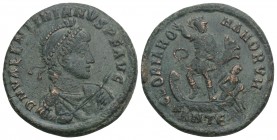 Roman Imperial
Valentinian II AD 375-392. Struck AD 378-383. Antioch
Follis Æ 5.2gr 23.1mm
D N VALENTINIANVS P F AVG, diademed, helmeted, draped, and ...