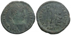 Roman Imperial 
 Valentinian II. A.D. 375-392. Æ Antioch, A.D. 383-388. 5gr 22.8mm
D N VALENTINI-ANVS P F AVG, diademed, draped and cuirassed bust of ...