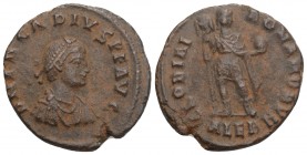 Roman Imperial 
Arcadius Ӕ Nummus. Alexandria, AD 392-395. 4.2gr 21.1mm
D N ARCADIVS P F AVG, pearl-diademed, draped and cuirassed bust right / GLORIA...