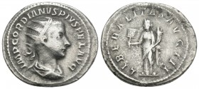 Gordianus III (238-244 AD). AR Antoninianus , Rome. 4.2gr 23.4mm
Obv. IMP GORDIANVS PIVS FEL AVG, Radiate, draped and cuirassed bust to right, seen fr...