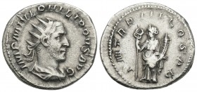 Roman Imperial Philippus Arabs AD 244-249. Rome Antoninianus AR. 4.4gr 22.5mm
IMP M IVL PHILIPPVS AVG, draped and cuirassed bust right / PM TRP IIII C...