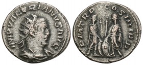 Roman Imperial
Valerian I AR Antoninianus. Antioch, AD 253-260. 3.1gr 21.8mm
Radiate and draped bust right / Valerian and Gallienus facing each other,...