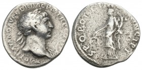 Roman Imperial
Trajan AR Denarius. Rome, AD 103-104. 2.9gr 18.6mm
IMP TRAIANO AVG GER DAC P M TR P COS V P P, laureate bust right, slight drapery on f...