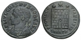 Roman Imperial 
Crispus (Caesar, 316-326). Æ Follis. Antioch, 324-5. 3.5gr 18.9mm
Laureate, draped and cuirassed bust l. R/ Camp-gate with two turrets...