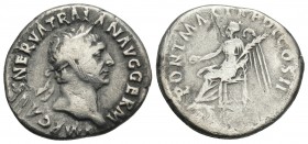Roman Imperial
Trajan, 98 - 117 AD Silver Denarius, Rome 3.1gr 18.7mm
Obverse: IMP CAESAR NERVA TRAIAN AVG GER, Laureate head of Trajan right.Reverse:...