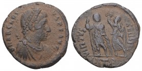 Roman Imperial
Arcadius AD 383-408. Antioch Follis Æ 2.4gr 17.6mm
D N ARCADIVS P F AVG, diademed, draped and cuirassed bust of Arcadius right / VIRTVS...