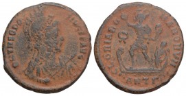 Roman Imperial
Theodosius I BI 23mm. Antioch, AD 379-383. 5.1gr 23.1mm
D N THEODOSIVS P F AVG, pearl-diademed, helmeted, draped and cuirassed bust to ...