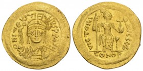 Byzantine
Justin II (565-578), Solidus, Constantinople, AD 567-578; 4.5gr 20.3mm
 [D N I] - VSTI - NVS PP AVG, helmeted and cuirassed bust facing, hol...