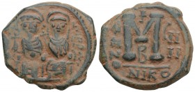 Byzantine
JUSTIN II. 565-578 AD. Æ Follis. Nicomedia mint. Dated RY 8 (572/3 AD). 12.9 gr 27.7mm
 D N IVSTINVS P P AV, Justin and Sophia enthroned fac...