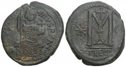 Byzantine
Justinian I. 527-565. Æ Follis Antioch mint. 17.7gr 33.9mm
Justinian enhtroned facing, holding sceptre and globus cruciger / Large M flanked...