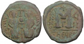 Byzantine
Justin II. 565-578. AE follis. Antioch mint, dated A.D. 571/2. 12.7gr. 32mm
D N IVSTINVS PP AV (or similar), Justin II and Sophia seated on ...