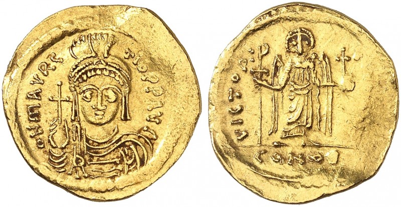 BYZANTINISCHE MÜNZEN. Mauricius Tiberius, 582 - 602. 
Solidus. Rev. Stehende Vi...