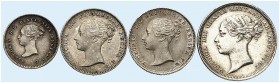EUROPA. ENGLAND. Victoria, 1837-1901. 
Lot von 4 Stück: 3, 4 Pence 1841, 2 Pence 1862, 6 Pence 1887. S. 3914, 3913, 3919, 3912 ss - vz