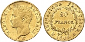 EUROPA. FRANKREICH. - Königreich. Napoléon I., 1804-1814. 
20 Francs à la tête nue 1806, A - Paris. Friedb. 487a, Gad. 1023, Schlumb. 30 Gold ss - vz...